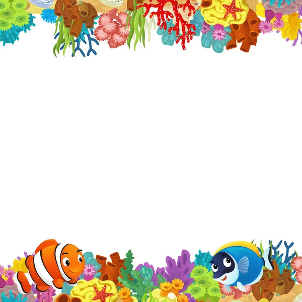 Scena Kreskówki Rafą Koralową Szczęśliwe Ryby Pływanie Pobliżu Izolowanej Ilustracji — Zdjęcie stockowe