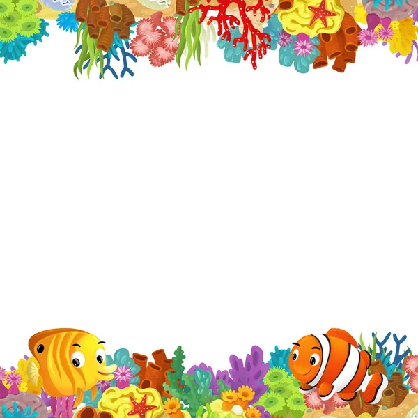 Kreslená Scéna Korálovým Útesem Šťastné Ryby Plavání Blízkosti Izolované Ilustrace — Stock fotografie