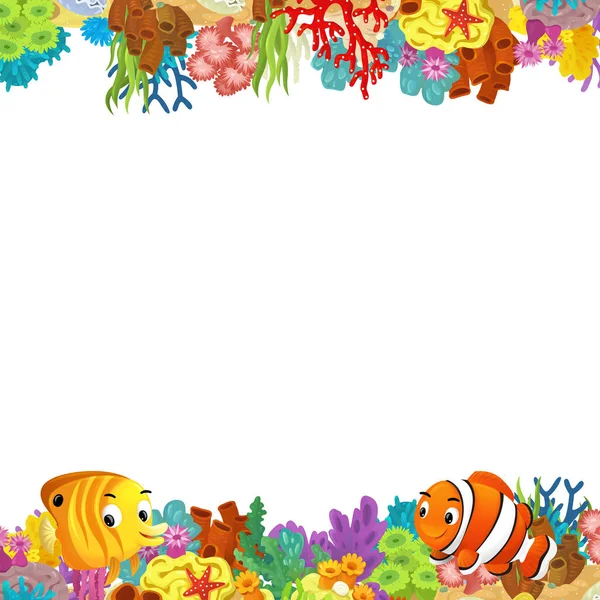 Cartoon Scene Coral Reef Happy Fishes Swimming Isolated Illustration Kids — Stock Photo, Image