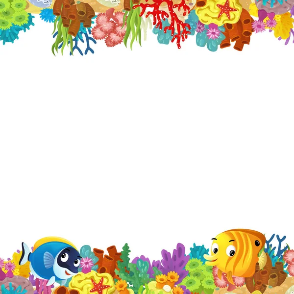 Cartoon Scene Coral Reef Happy Fishes Swimming Isolated Illustration Kids — Stock Photo, Image