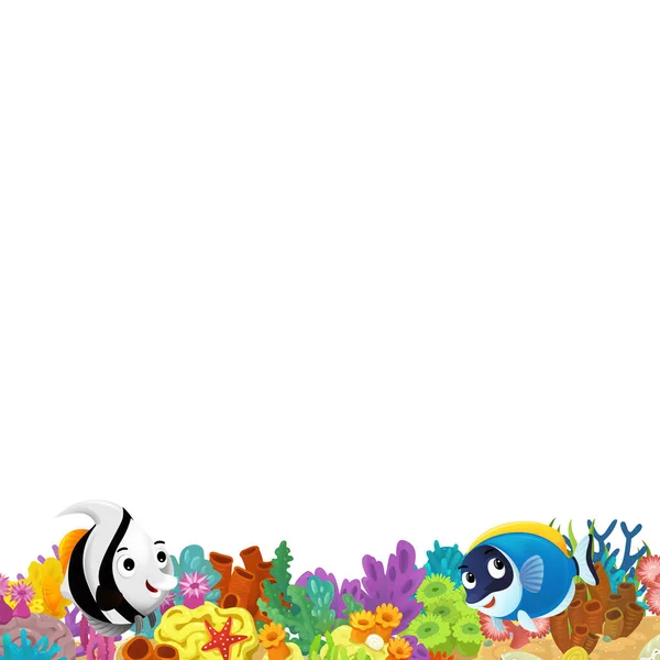 卡通片中 珊瑚礁和快乐的鱼在孤零零的图画边游动 给孩子们看 — 图库照片