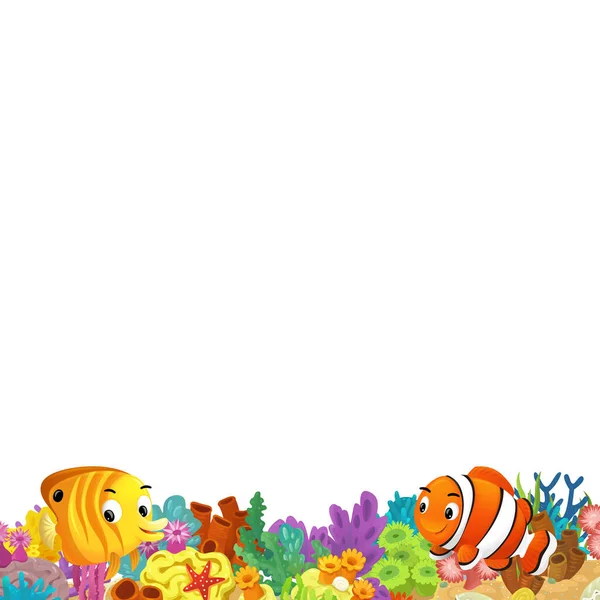 Rajzfilm Jelenet Korallzátony Boldog Halak Úszás Közelében Elszigetelt Illusztráció Gyerekeknek — Stock Fotó