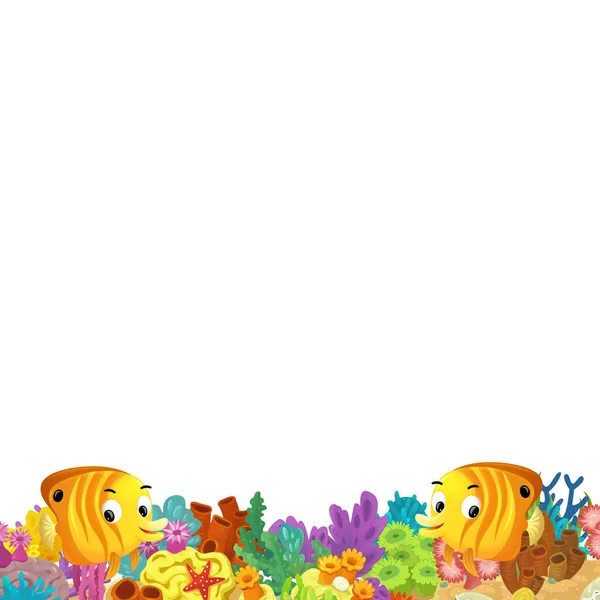 Escena Dibujos Animados Con Arrecife Coral Peces Felices Nadando Cerca —  Fotos de Stock