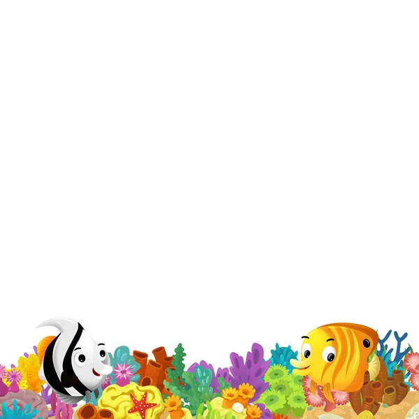 Scena Dei Cartoni Animati Con Barriera Corallina Pesci Felici Nuotare — Foto Stock