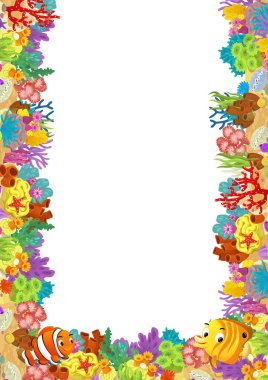 Mercan resifli karikatür sahnesi ve çocuklar için izole edilmiş resimlerin yakınında yüzen mutlu balıklar.