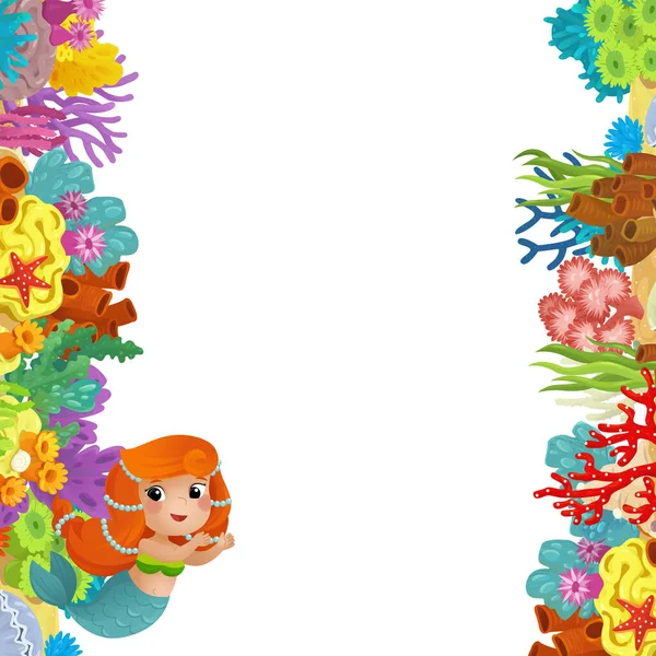 Mercan Resifi Denizkızı Mutlu Balıkların Olduğu Karikatür Sahnesi Çocuklar Için — Stok fotoğraf