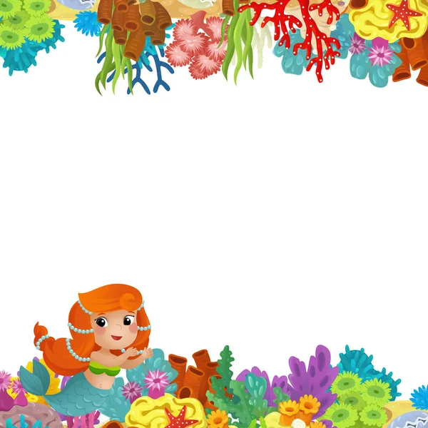 Cartoon Szene Mit Meerjungfrau Prinzessin Korallenriff Und Glücklichen Fischen Beim — Stockfoto