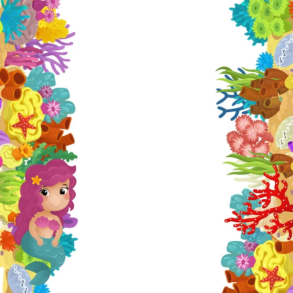 cartoon scene with coral reef mermaid princess and happy fishes swimming near isolated illustration for children