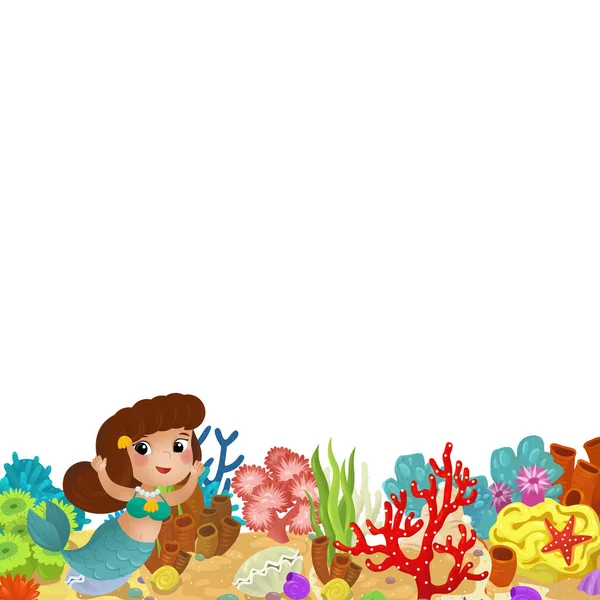 Mercan Resifi Denizkızı Mutlu Balıkların Olduğu Karikatür Sahnesi Çocuklar Için — Stok fotoğraf
