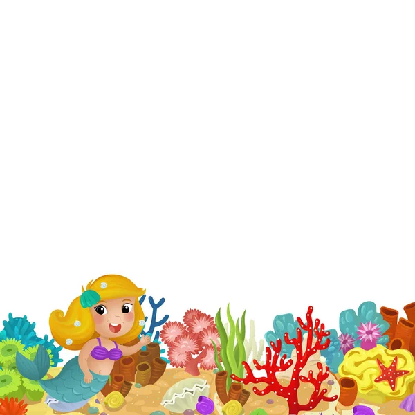 Cena Dos Desenhos Animados Com Recife Coral Sereia Princesa Peixes — Fotografia de Stock
