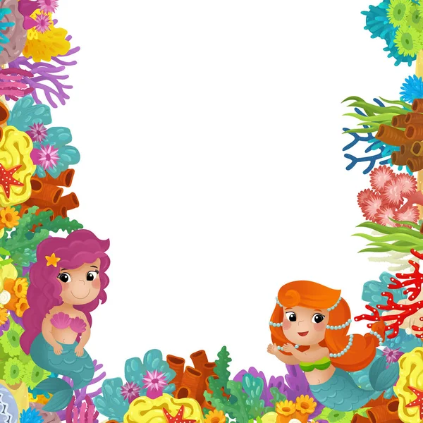 卡通片场景 珊瑚礁美人鱼公主和快乐的鱼在孤零零的图画边游动 为孩子们呈现 — 图库照片