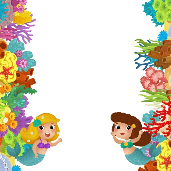 Cartoon Szene Mit Meerjungfrau Prinzessin Korallenriff Und Glücklichen Fischen Beim — Stockfoto