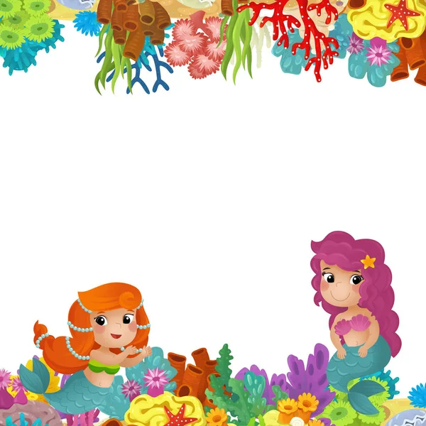 Escena Dibujos Animados Con Arrecife Coral Princesa Sirena Peces Felices — Foto de Stock