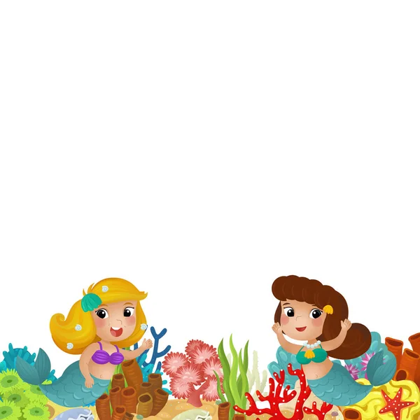 卡通片场景 珊瑚礁美人鱼公主和快乐的鱼在孤零零的图画边游动 为孩子们呈现 — 图库照片