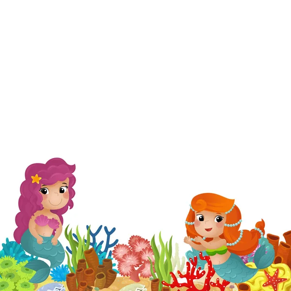 Cartoon Scene Coral Reef Mermaid Princess Happy Fishes Swimming Isolated — Stock Photo, Image