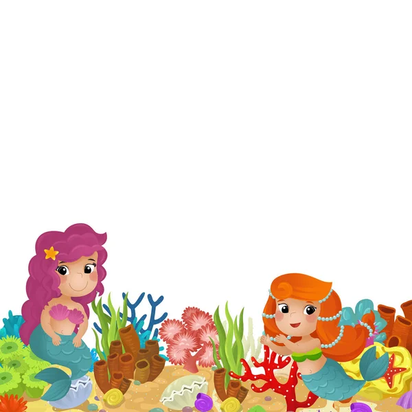 Cartoon Scene Coral Reef Mermaid Princess Happy Fishes Swimming Isolated — Stock Photo, Image
