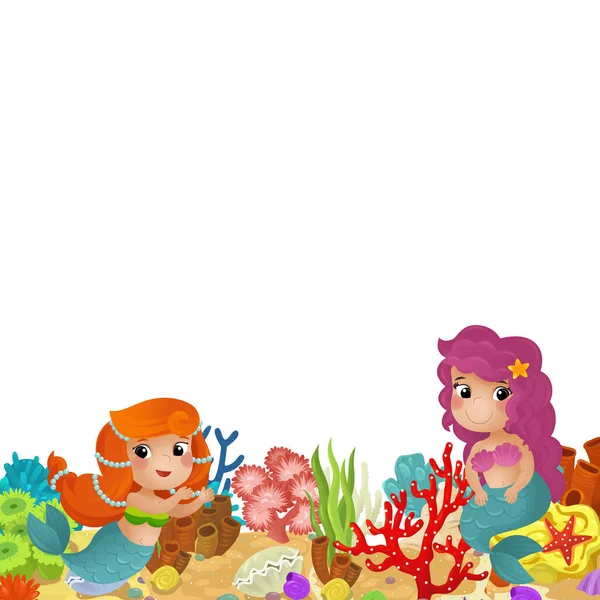 サンゴ礁の人魚姫と幸せな魚が子供のための孤立したイラストの近くで泳いでいる漫画シーン — ストック写真