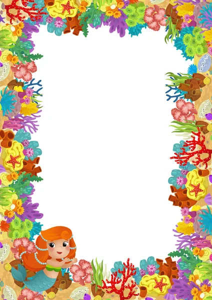 Escena Dibujos Animados Con Arrecife Coral Princesa Sirena Peces Felices —  Fotos de Stock