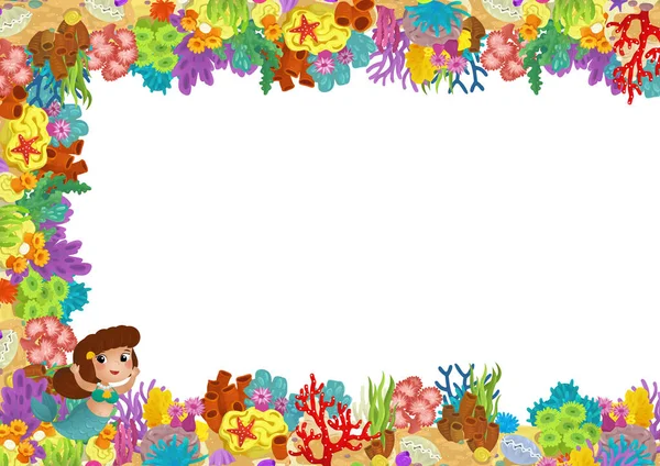 cartoon scene with coral reef mermaid princess and happy fishes swimming near isolated illustration for children