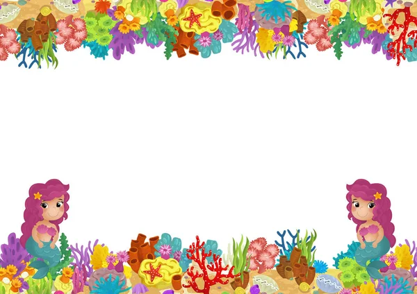 Kreskówka Scena Rafy Koralowej Syrena Księżniczka Szczęśliwy Ryby Pływanie Pobliżu — Zdjęcie stockowe