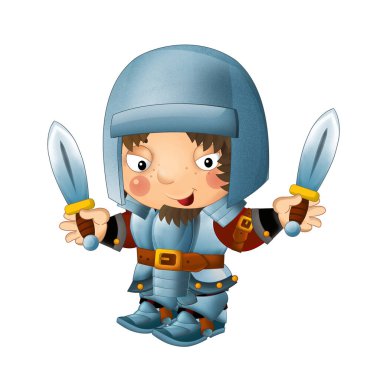 Ortaçağ mutlu şövalyelerinin olduğu karikatür sahnesi çocuklar için izole edilmiş.