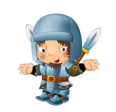 Ortaçağ mutlu şövalyelerinin olduğu karikatür sahnesi çocuklar için izole edilmiş.