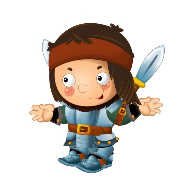 Ortaçağ mutlu şövalyelerinin olduğu karikatür sahnesi çocuklar için izole edilmiş.