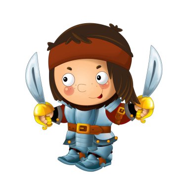 Ortaçağ mutlu şövalyelerinin olduğu karikatür sahnesi çocuklar için izole edilmiş.