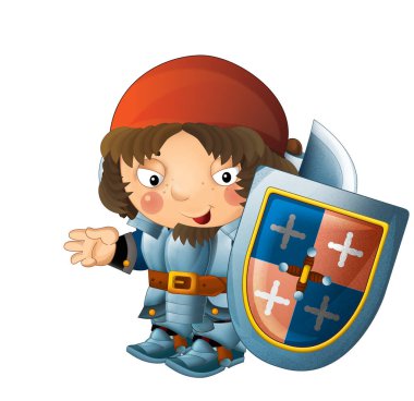 Ortaçağ mutlu şövalyelerinin olduğu karikatür sahnesi çocuklar için izole edilmiş.