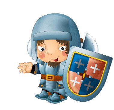 Ortaçağ mutlu şövalyelerinin olduğu karikatür sahnesi çocuklar için izole edilmiş.