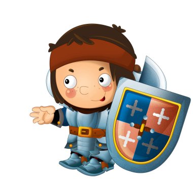 Ortaçağ mutlu şövalyelerinin olduğu karikatür sahnesi çocuklar için izole edilmiş.