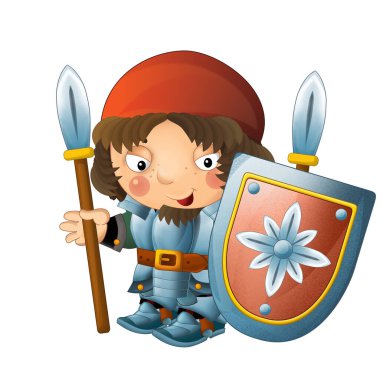 Ortaçağ mutlu şövalyelerinin olduğu karikatür sahnesi çocuklar için izole edilmiş.