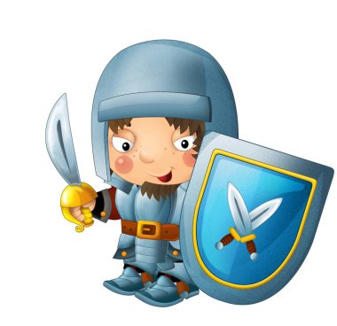 Ortaçağ mutlu şövalyelerinin olduğu karikatür sahnesi çocuklar için izole edilmiş.