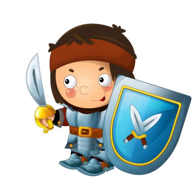 Ortaçağ mutlu şövalyelerinin olduğu karikatür sahnesi çocuklar için izole edilmiş.