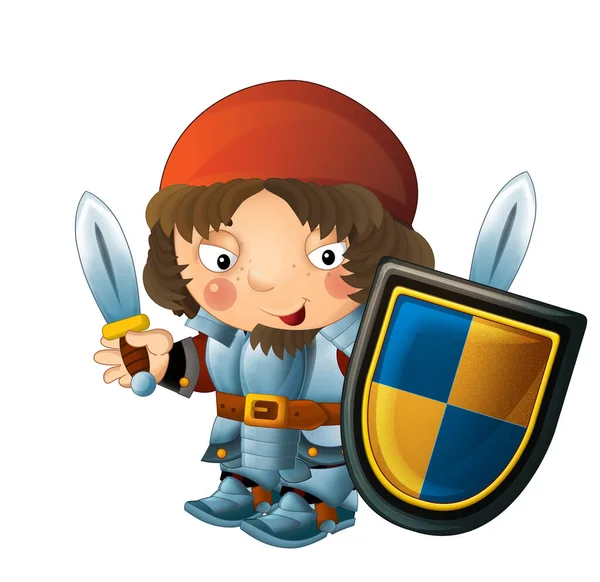 Tegnefilmscene Med Middelaldersk Glad Ridder Rustning Isolert Illustrasjon Barn – stockfoto
