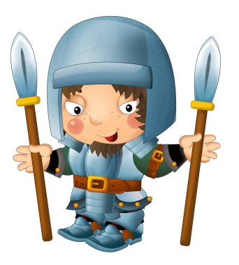 Ortaçağ mutlu şövalyelerinin olduğu karikatür sahnesi çocuklar için izole edilmiş.