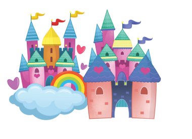 Güzel ve renkli bir karikatür ortaçağ şatosu çocuklar için izole edilmiş.