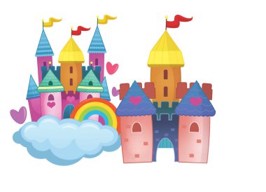 Güzel ve renkli bir karikatür ortaçağ şatosu çocuklar için izole edilmiş.