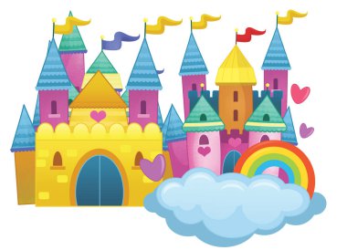 Güzel ve renkli bir karikatür ortaçağ şatosu çocuklar için izole edilmiş.