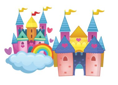 Güzel ve renkli bir karikatür ortaçağ şatosu çocuklar için izole edilmiş.