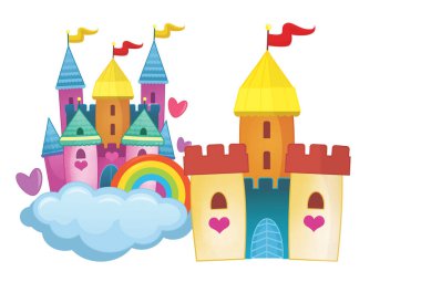 Güzel ve renkli bir karikatür ortaçağ şatosu çocuklar için izole edilmiş.