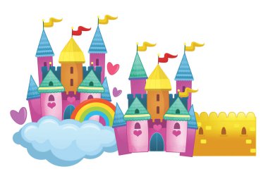 Güzel ve renkli bir karikatür ortaçağ şatosu çocuklar için izole edilmiş.