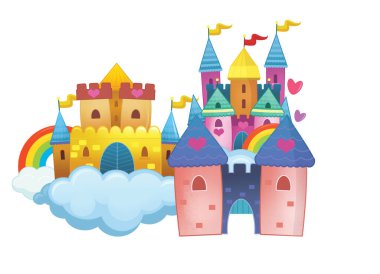 Güzel ve renkli bir karikatür ortaçağ şatosu çocuklar için izole edilmiş.