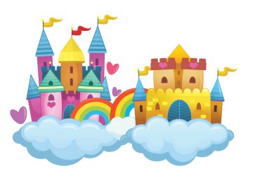 Güzel ve renkli bir karikatür ortaçağ şatosu çocuklar için izole edilmiş.