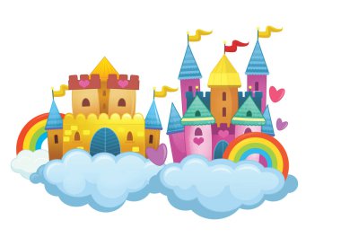 Güzel ve renkli bir karikatür ortaçağ şatosu çocuklar için izole edilmiş.