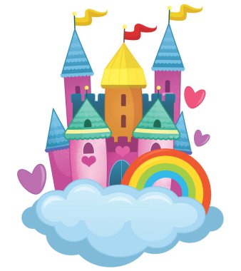 Güzel ve renkli bir karikatür ortaçağ şatosu çocuklar için izole edilmiş.