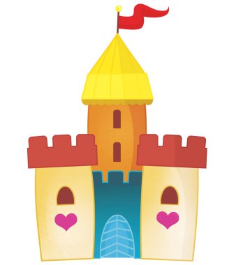 Güzel ve renkli bir karikatür ortaçağ şatosu çocuklar için izole edilmiş.