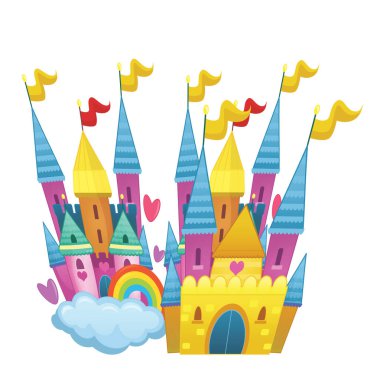 Güzel ve renkli bir karikatür ortaçağ şatosu çocuklar için izole edilmiş.