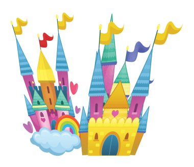 Güzel ve renkli bir karikatür ortaçağ şatosu çocuklar için izole edilmiş.