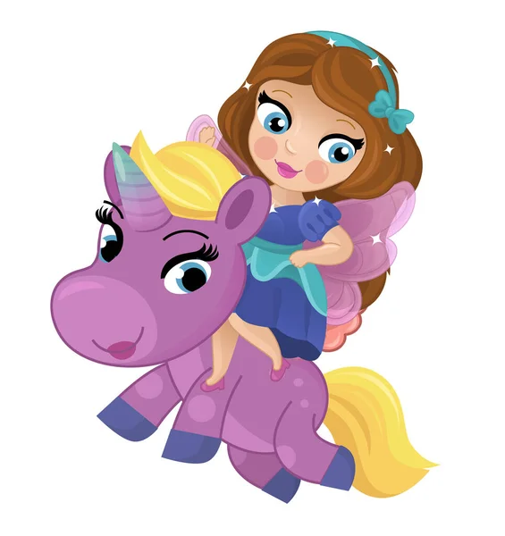 Cartoon Scene Met Prinses Tovenares Rijden Vliegende Paard Pegasus Geïsoleerde — Stockfoto